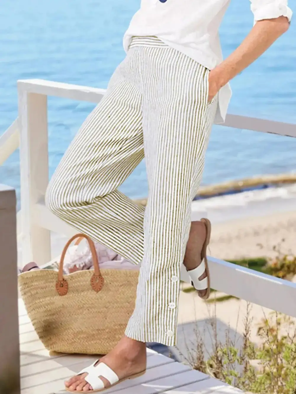 Striped Button Detail Pocketed Casual Pants