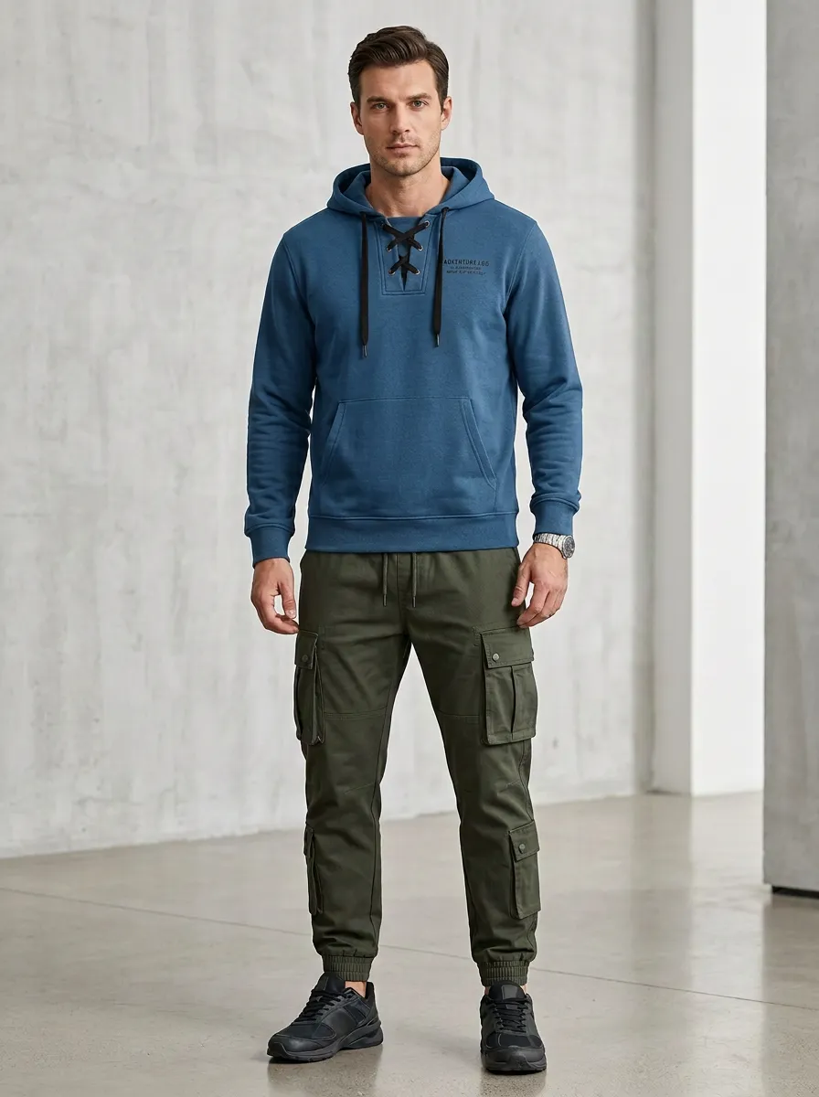 Trail-Inspired Lace-Up Multi Pocket Silhouette Men's Lace Up Hoodie And Cargo Jogger Set