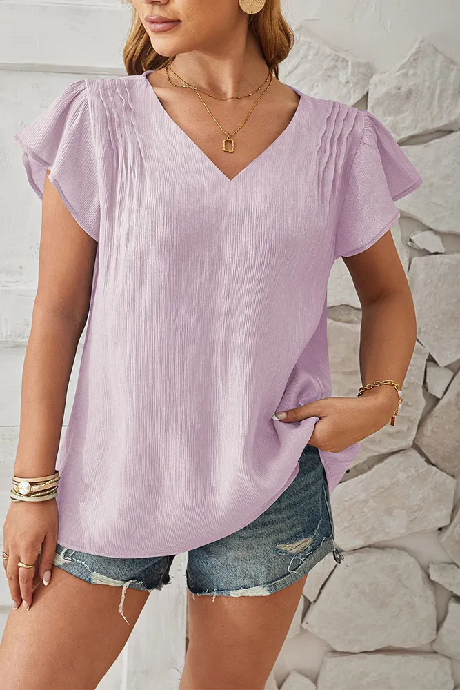 Texture V Neck Flare Sleeves Blouse