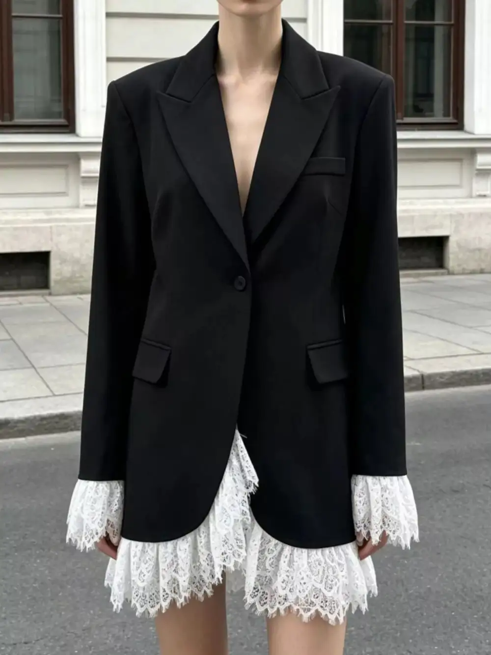Single-Button Lace-Detail Lace-Hem Blazer