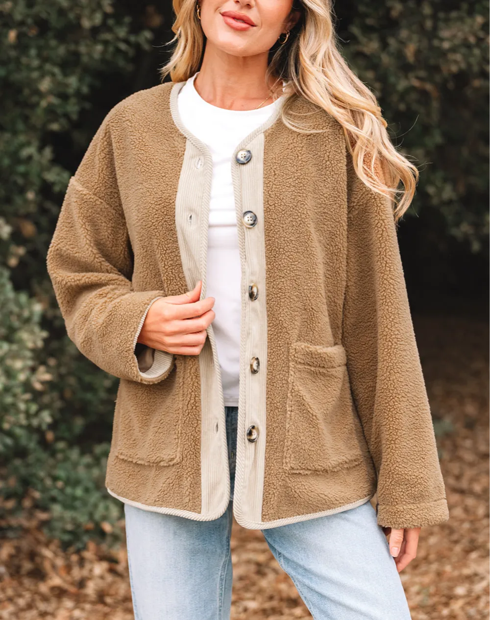 Women's Puffy Plush Corduroy Edge Patchwork Jacket With Big Pockets