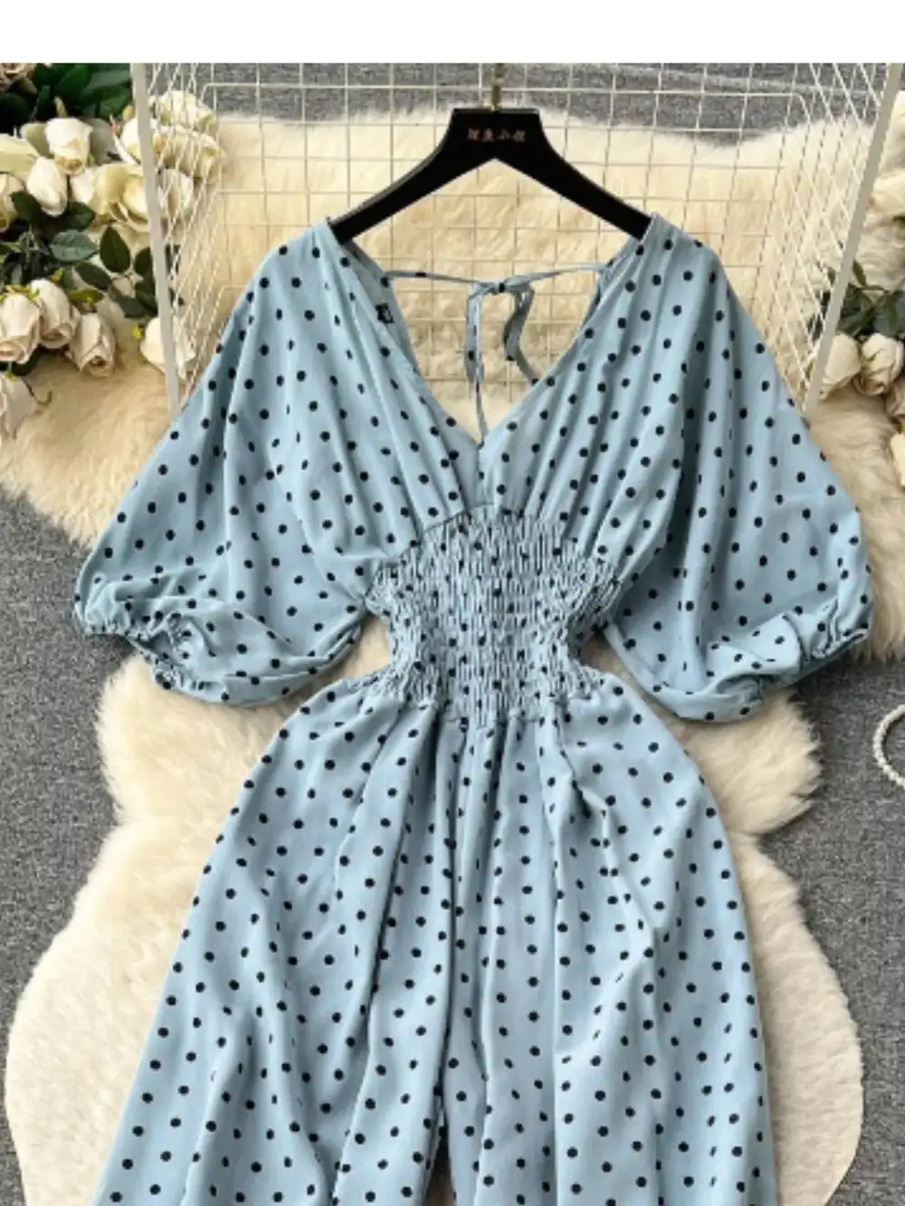 Smocked V Neck Wide Leg Jumpsuit
