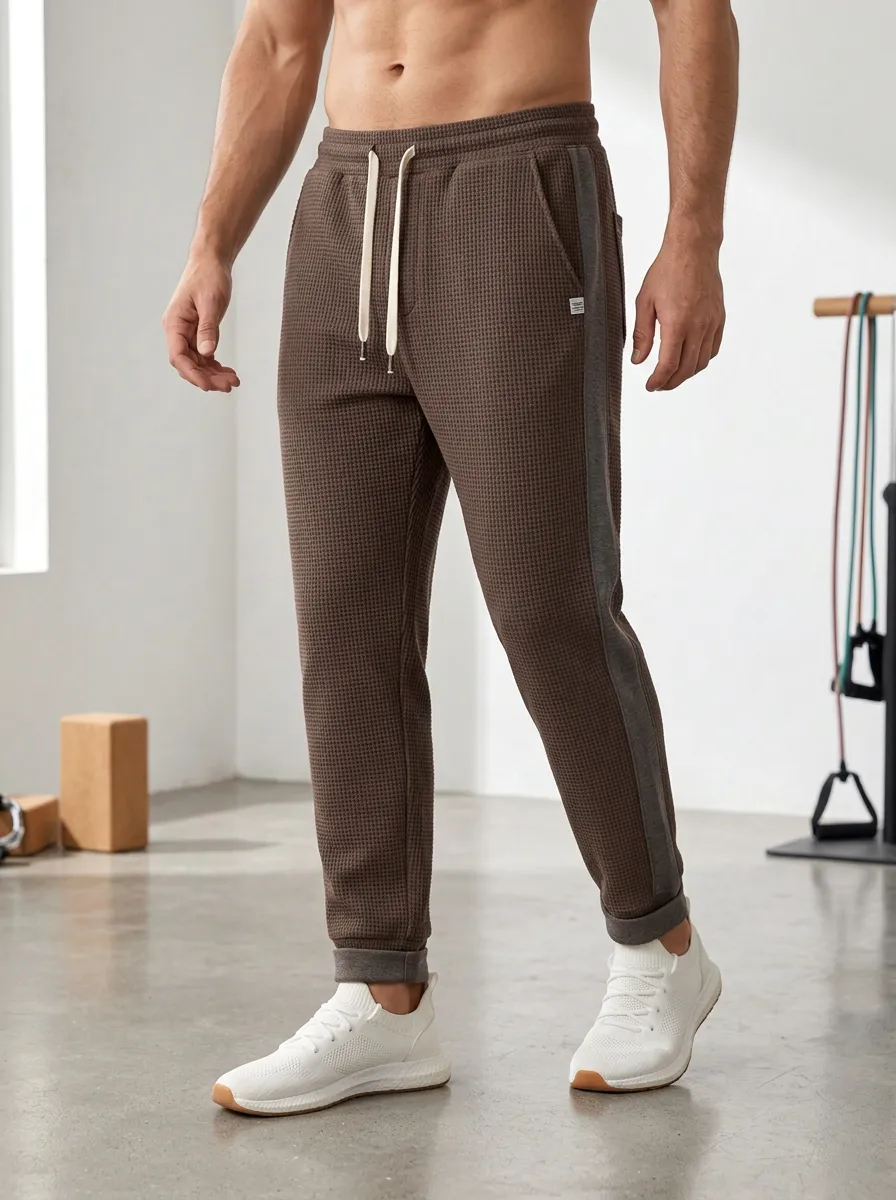 Men's Fitness Waffle Knit Brown Side Stripe Jogger Pants