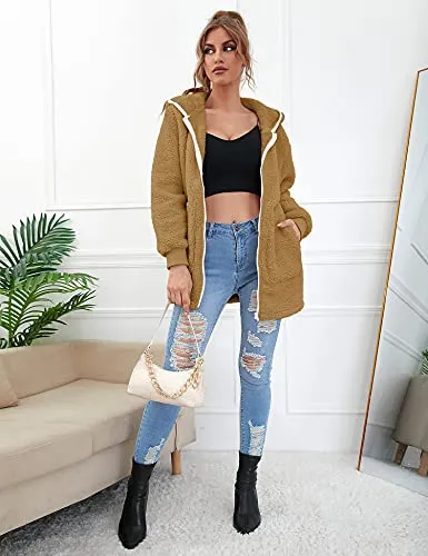 Women Oversized Sherpa Hoodie Fuzzy Fleece Jacket Zip Up Long Sleeve Winter Coat with Pockets