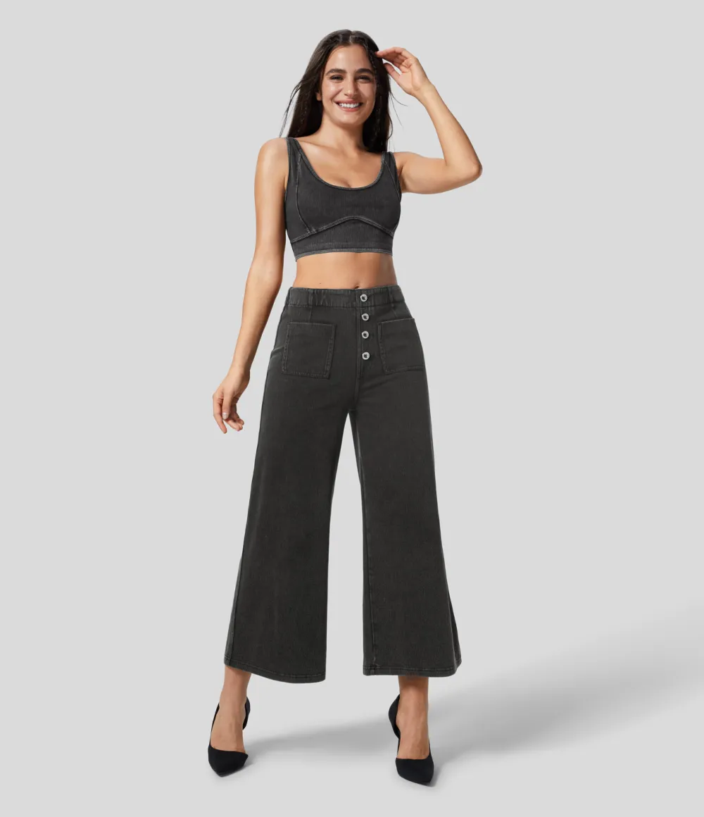 Magic High Waisted Button Pockets Washed Stretchy Knit Casual Wide Leg Jeans