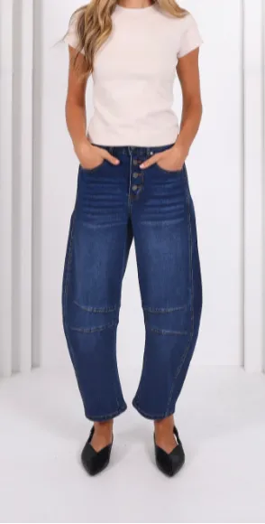 Women's Barrel-Leg Denim Elastic-Waist Jeans