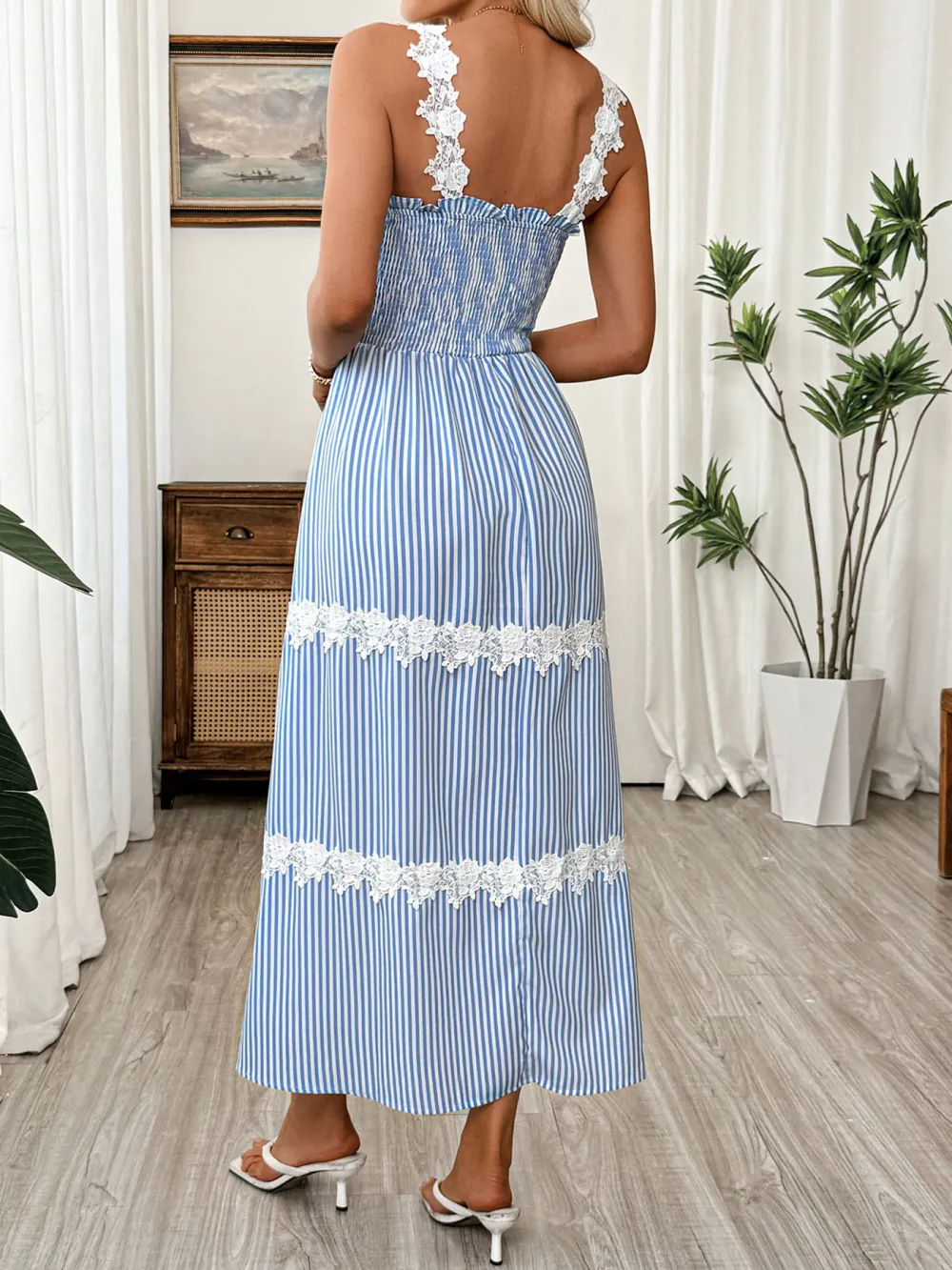 Striped Lace Smocked Midi Dress