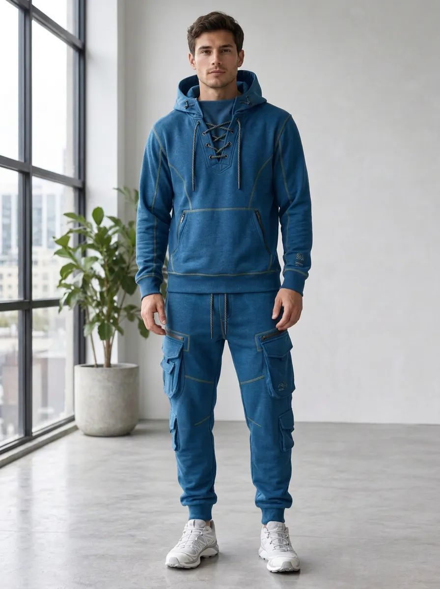Core Lace-Up Multi Pocket Street Look Men's Lace Up Hoodie And Cargo Jogger Set