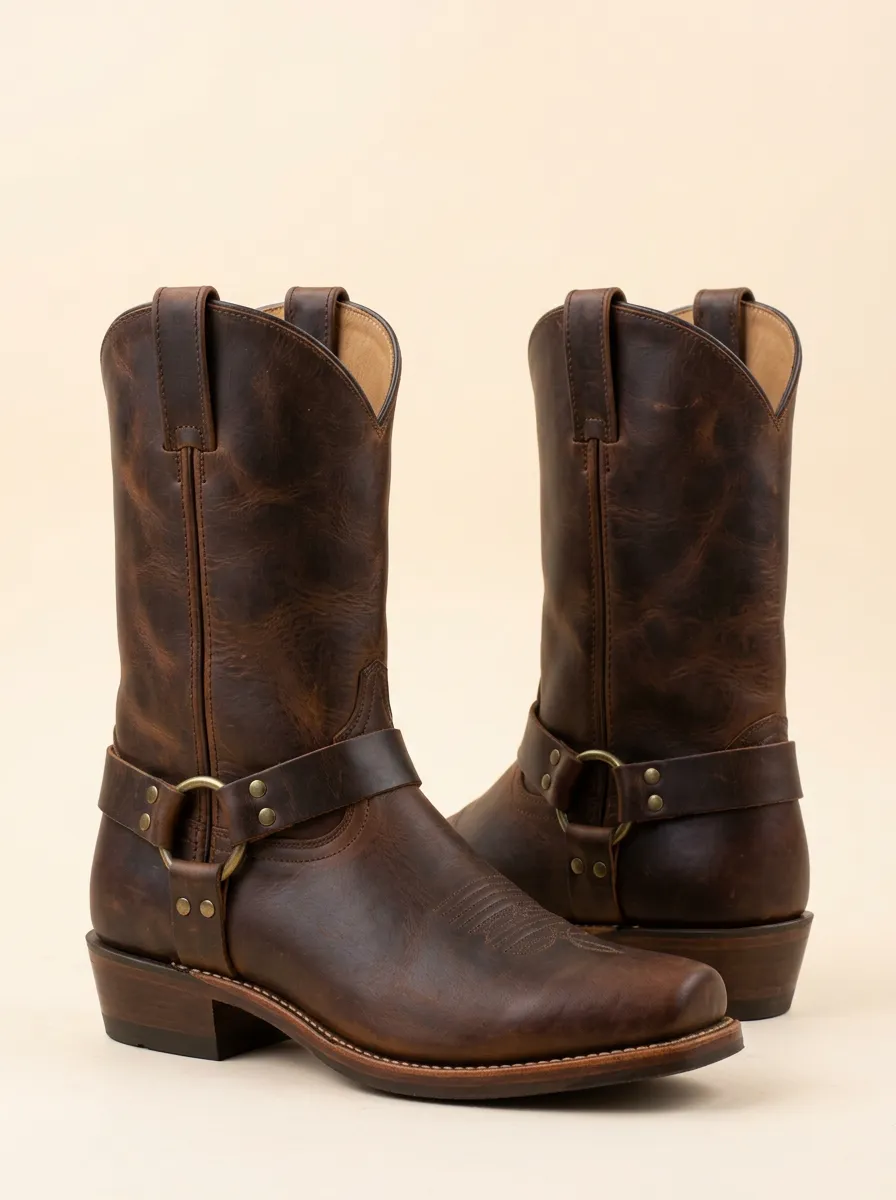 Men's Rustic Western Brown Leather Harness Printed Boots