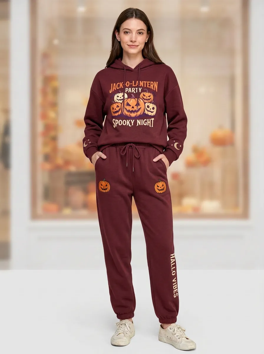 Women's Halloween Jack-o-Lantern Spooky Night Printed Tracksuit
