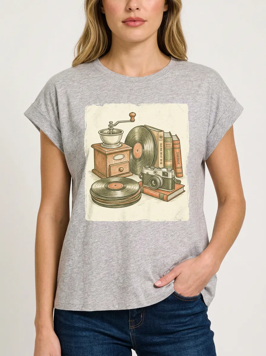 Women's Vintage Hobby Lover Camera Vinyl Books Printed T-shirt