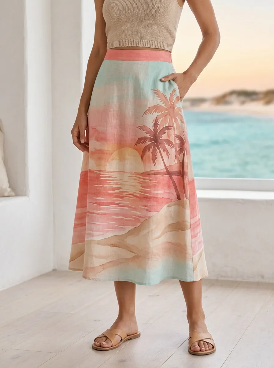 Women's Beach Vacation Sunset Palm Tree Printed Midi Skirt