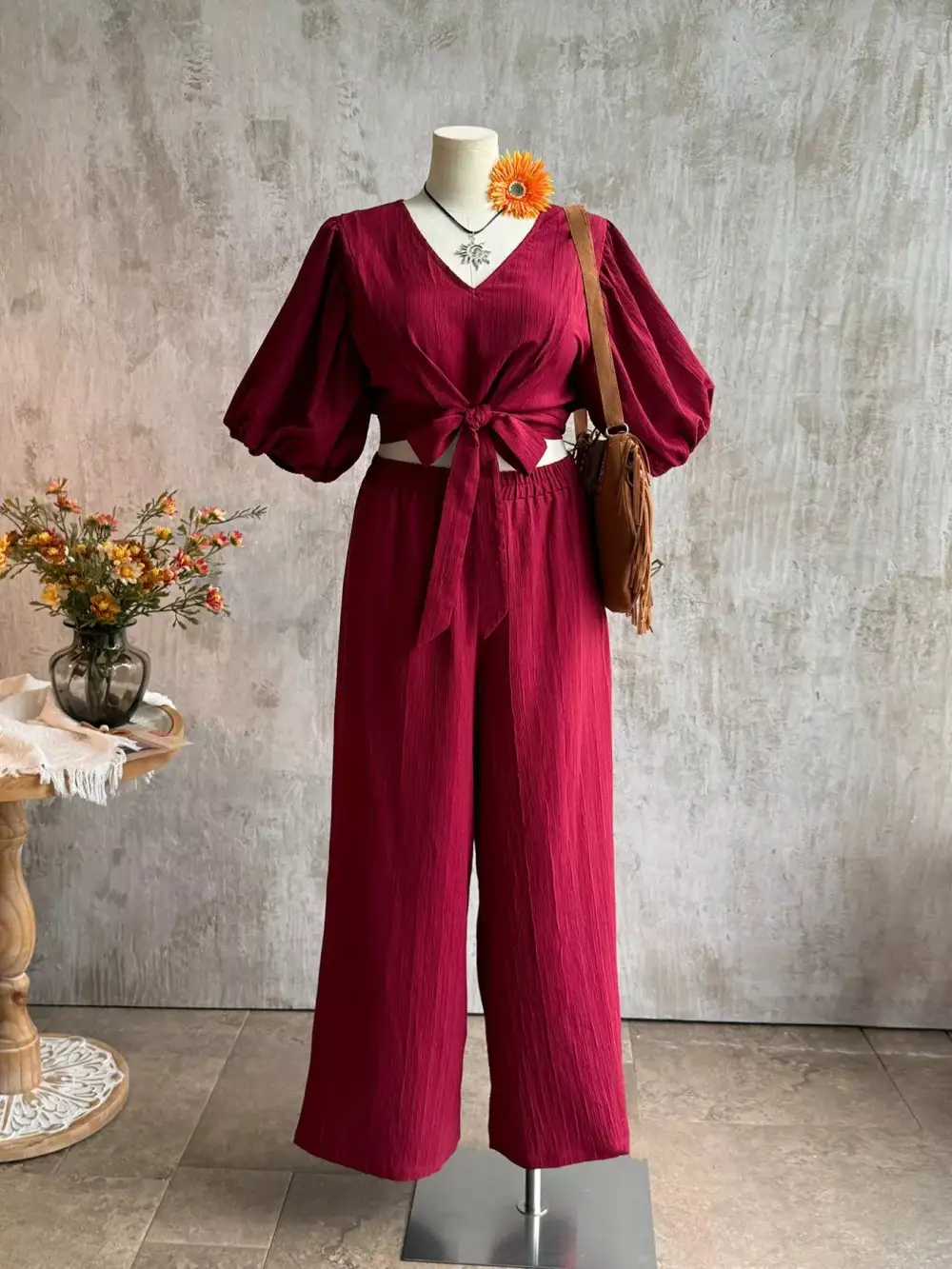 Plus Size Tie Front Puff Sleeve Top and Wide Pants