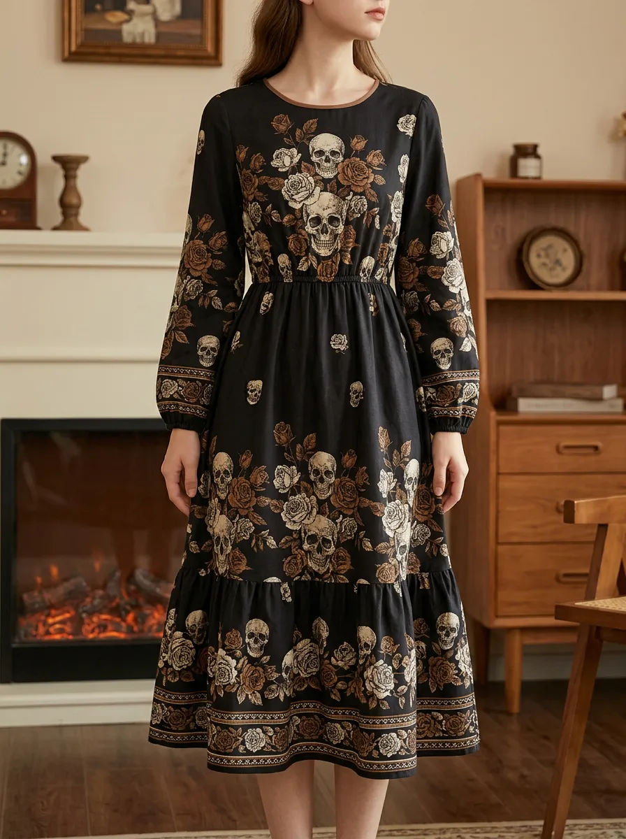 Women's Halloween Gothic Skull Rose Graphic Midi Dress