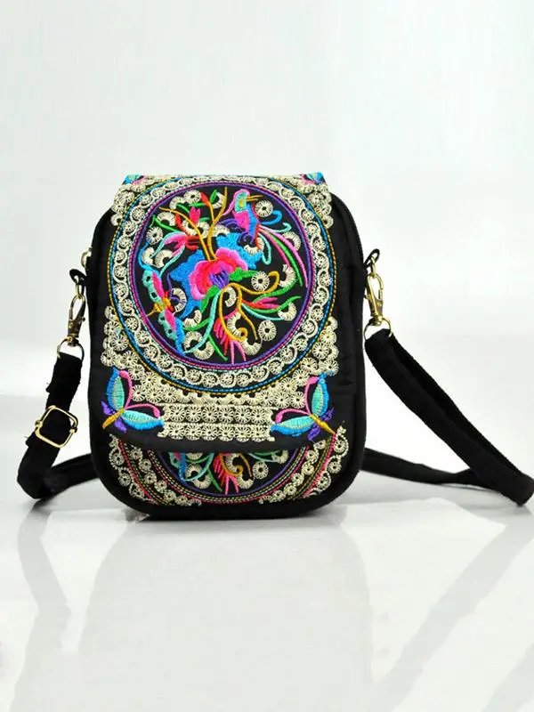 Embroidered Floral Canvas Shoulder Bag