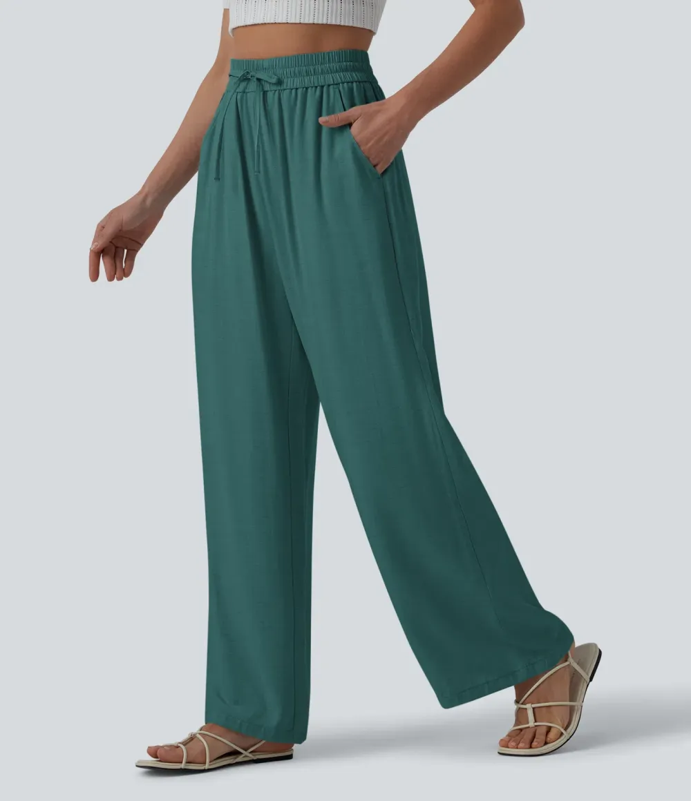 2026🔥High Waisted Drawstring Wide Leg Casual Linen-Blend Trousers with Pockets