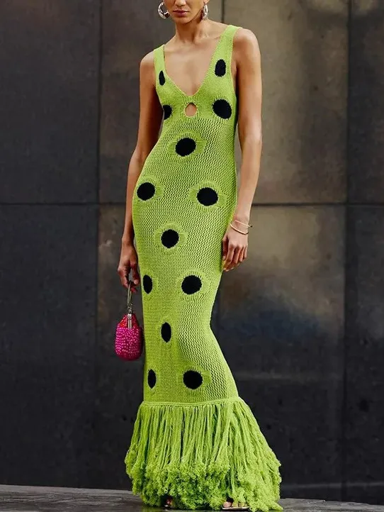 Crochet Polka Dot Tassel Maxi Dress