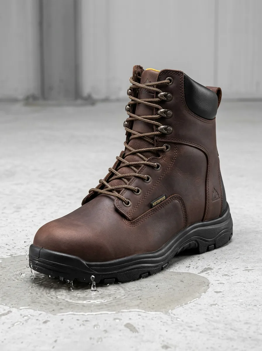 Men's Brown Leather Waterproof Outdoor Work Boots with Printed Detail