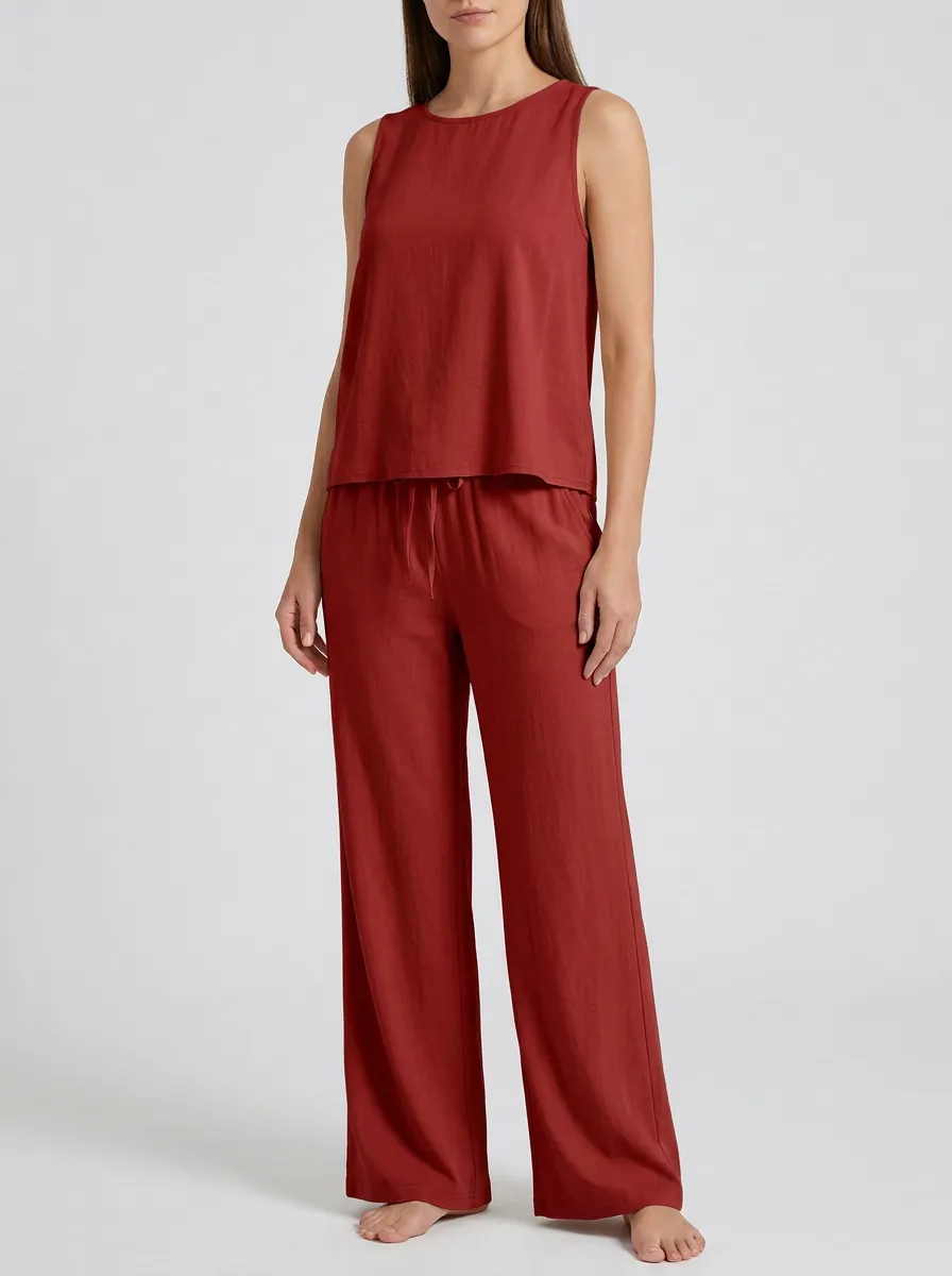 Women's Sleeveless Tank And Drawstring Wide-Leg Trouser Two-Piece Set