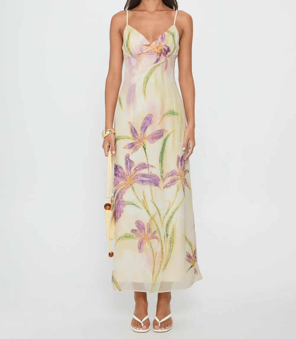 Multicolor Beaded Cut-Out Floral Maxi Dress