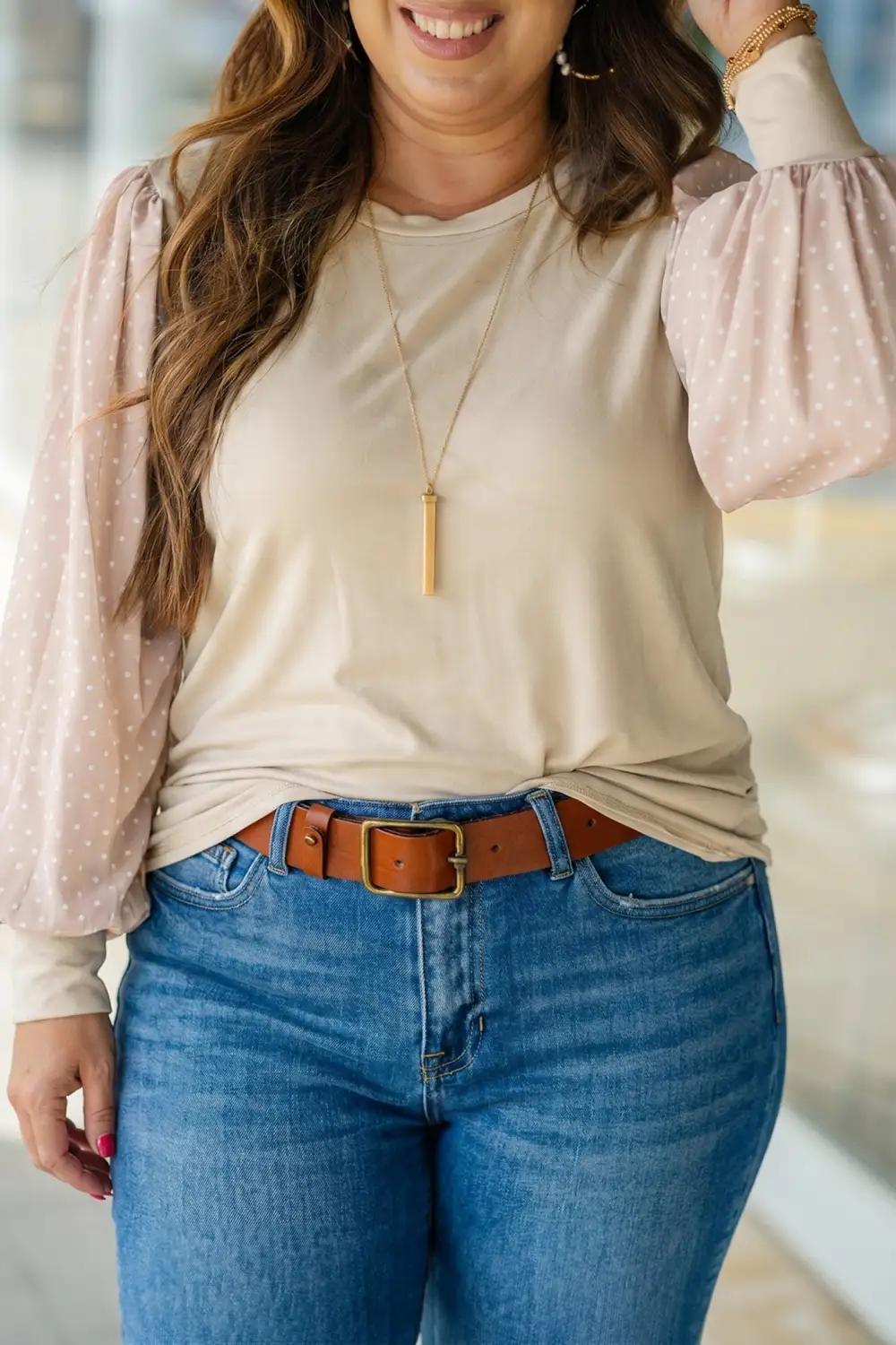 Polka Dot Round Neck Relaxed Stretch Fabric Long Sleeve Blouse