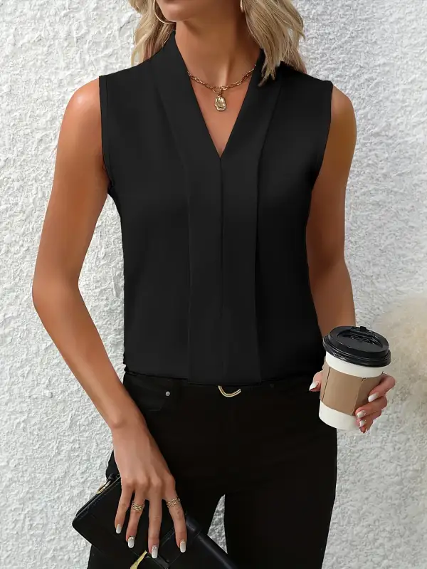  Sleeveless Pleated V Neck Blouse