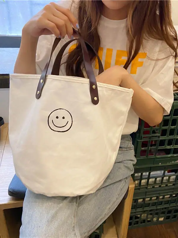 Vintage Canvas Smiling Face Printed Makeup Tote Bag Bucket