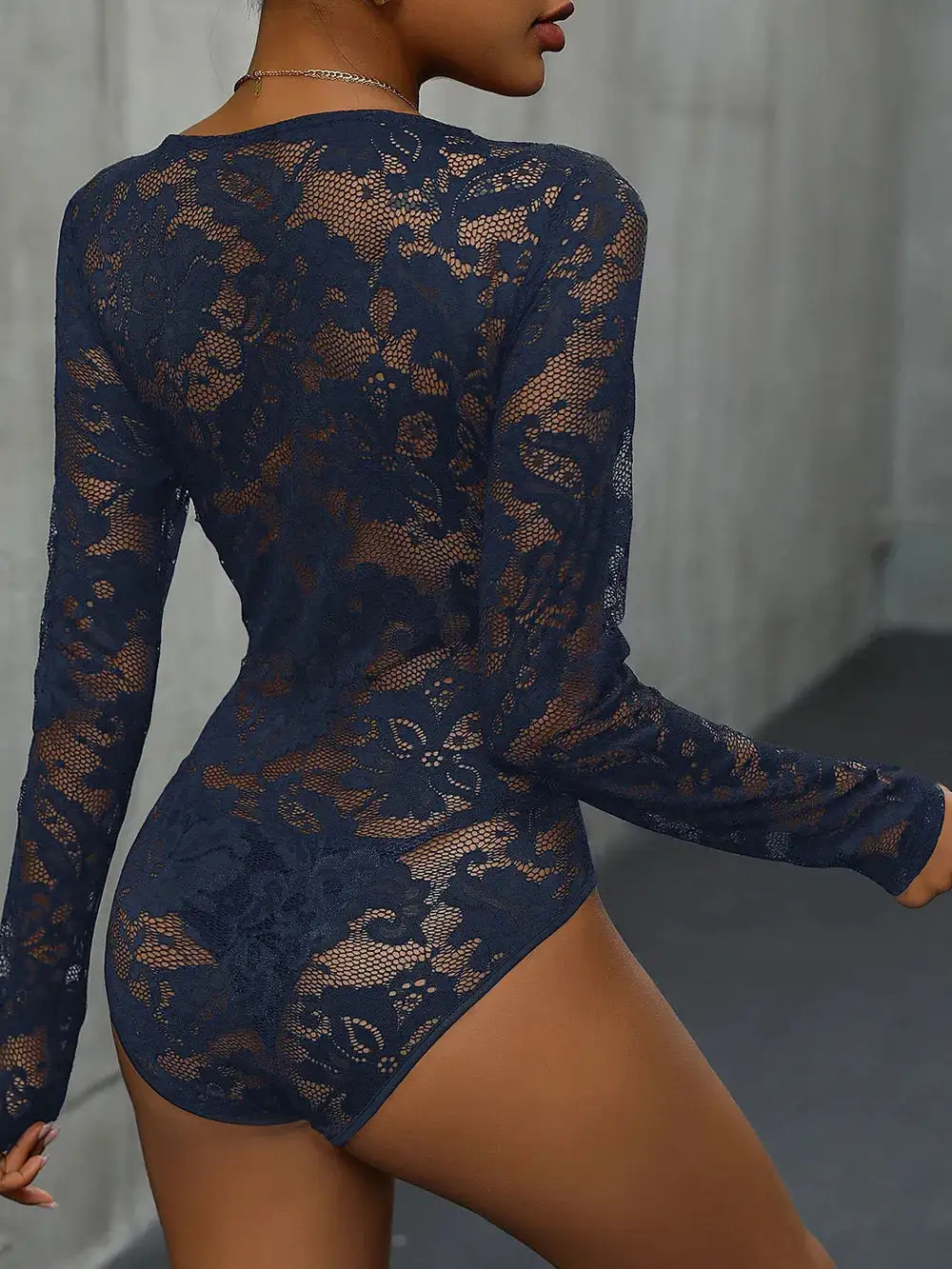 Polyester-Blend Lace Sheer Long-Sleeve Bodysuit