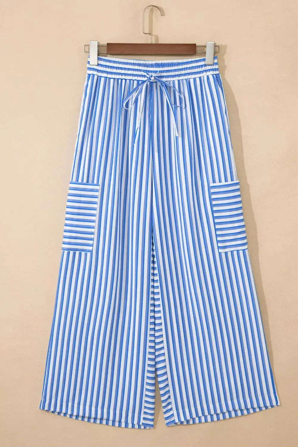 Stripe Drawstring Elastic Waist Patch Pocket Wide Leg Ankle