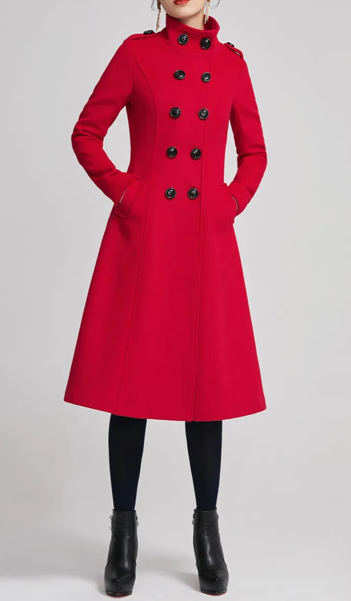 Wool Tailored Double Breasted Pocketed Midi Coat
