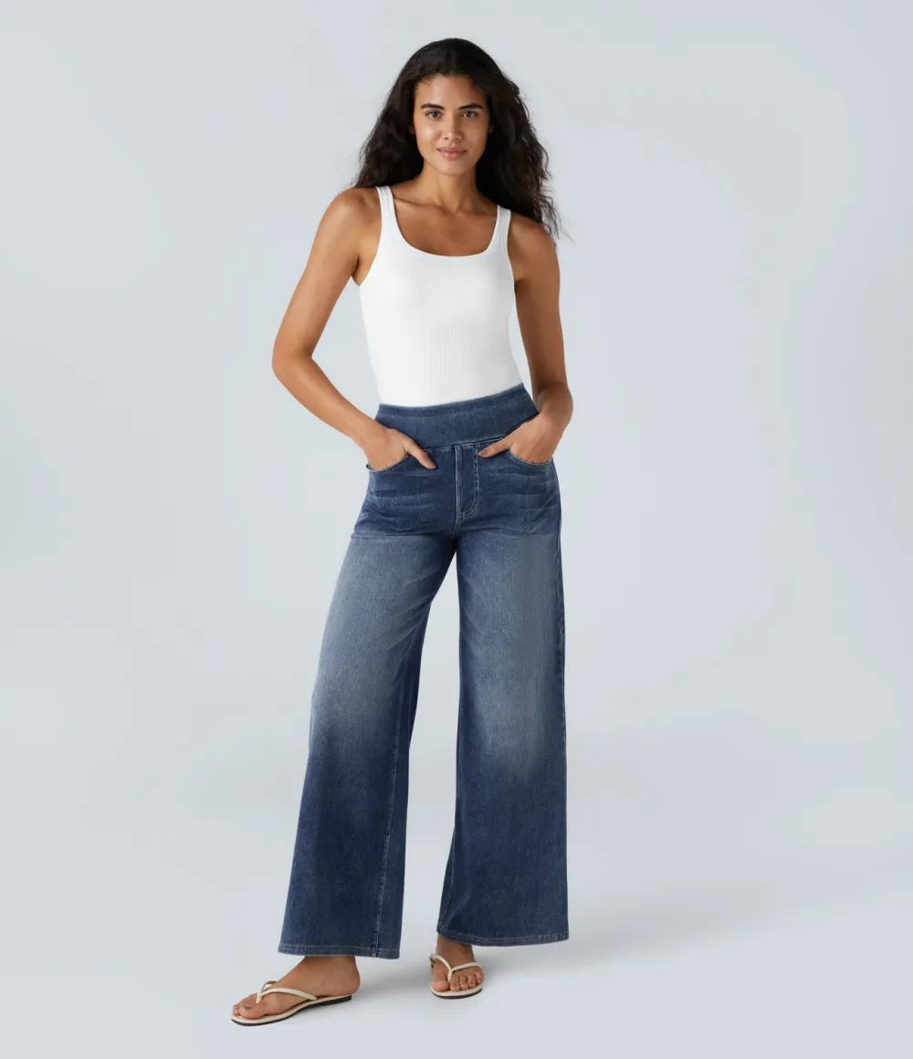 Magic High Waisted Multiple Pockets Wide Leg Washed Stretchy Knit Casual Jeans