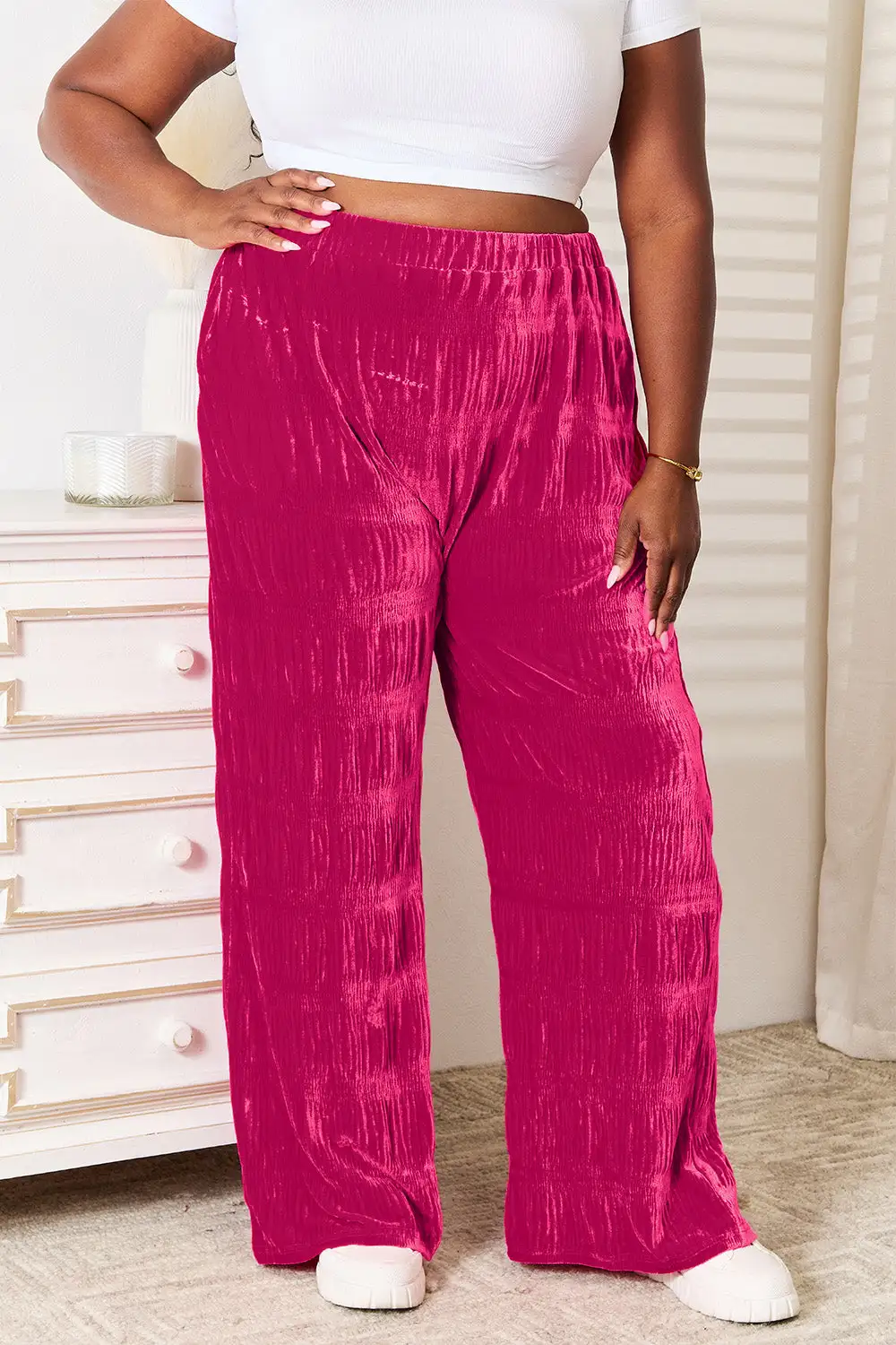 Daily Full Size High Waist Tiered Shirring Velvet Wide Leg Pants