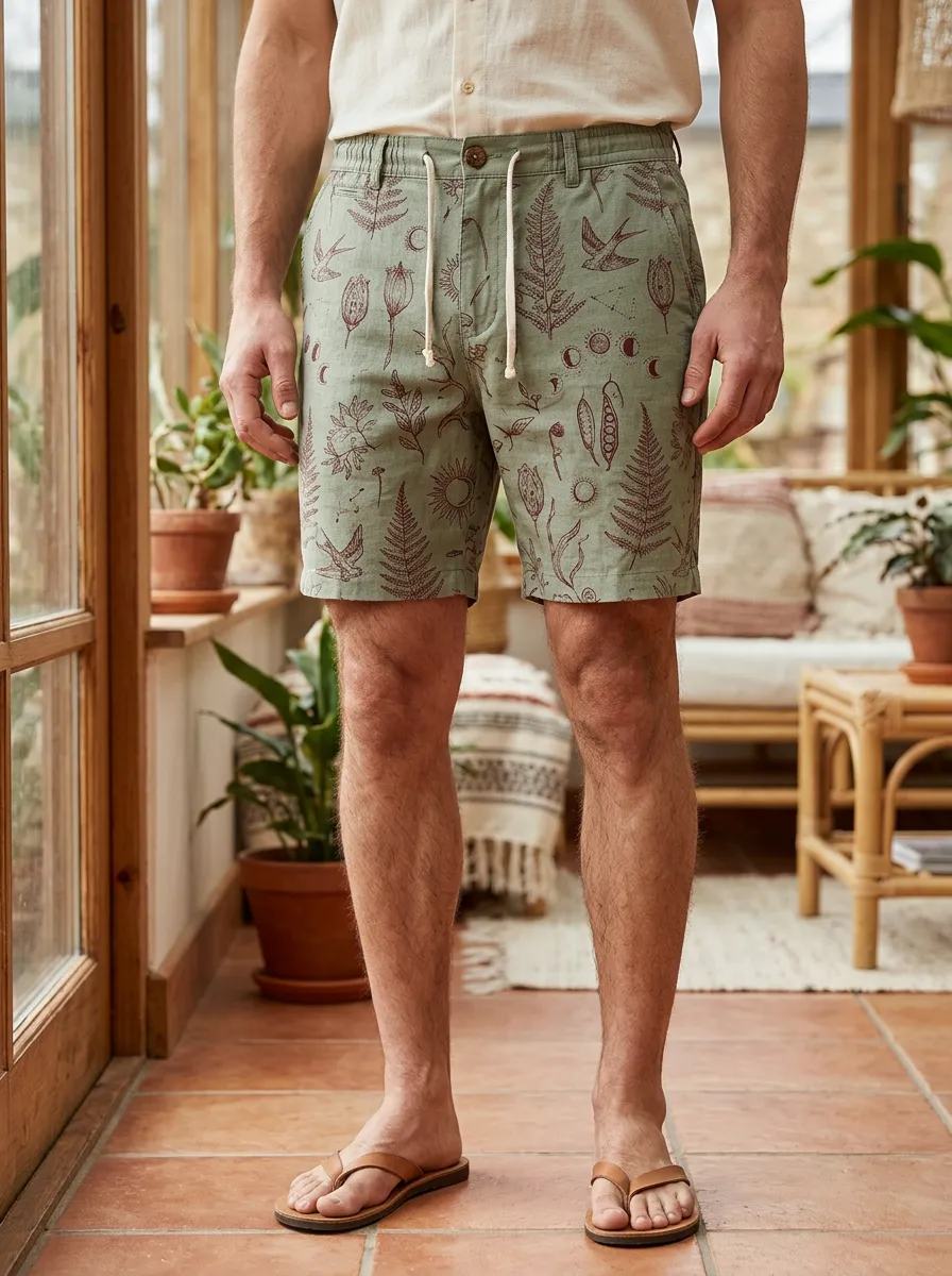 Men's Botanical Nature Fern Bird Drawstring Shorts