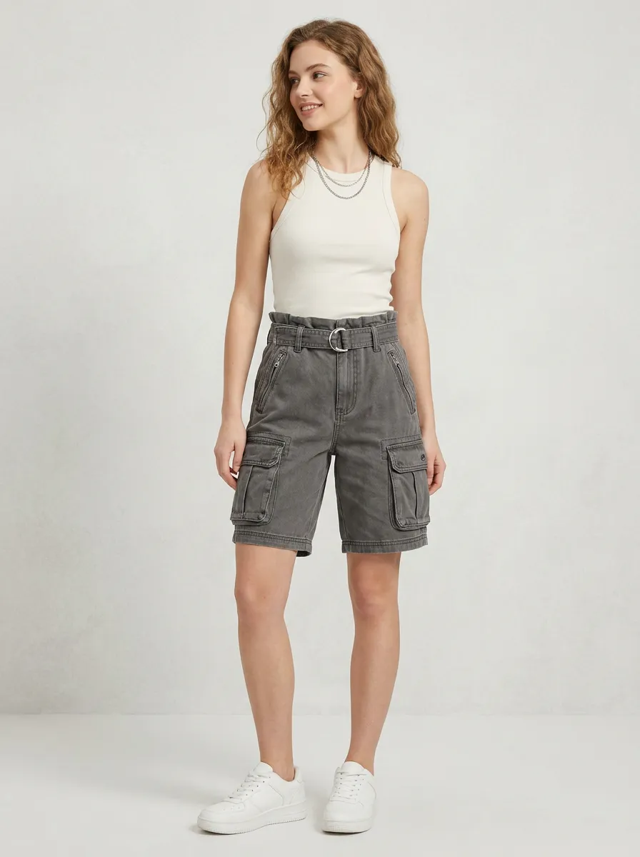 Women's Casual Streetwear Grey Belted Cargo Shorts