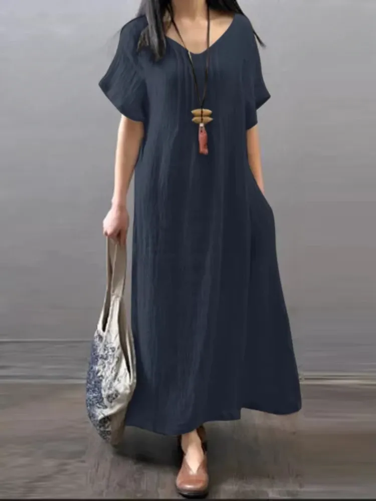 Short Sleeve Cotton Blend Swing Dress