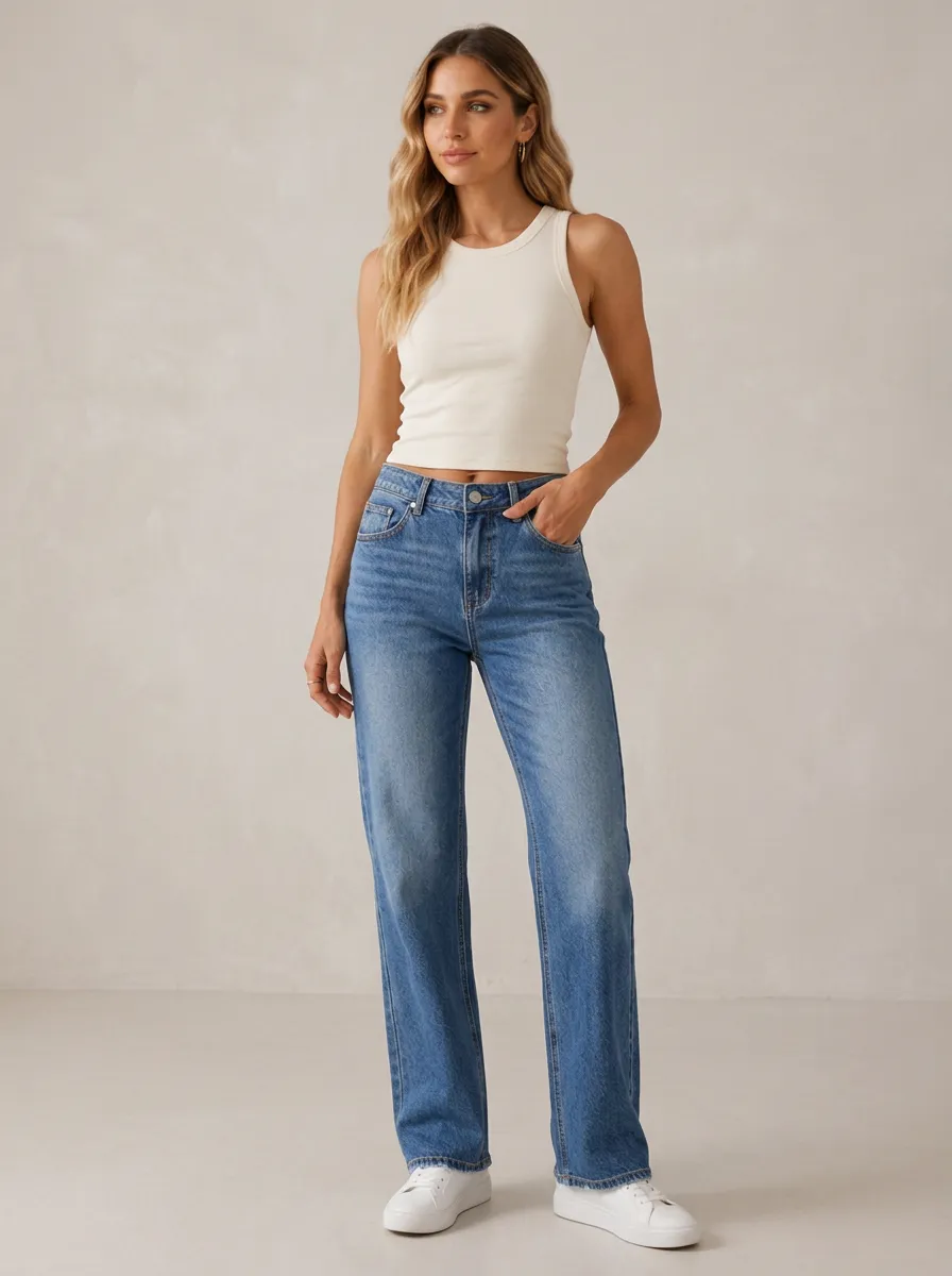 Women's Casual Fashion Blue Denim High Waisted Straight Leg Jeans
