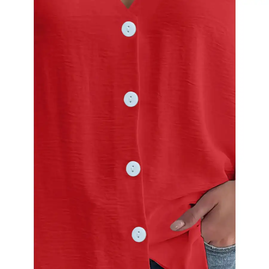 Full Size Casual V Neck Button Down Relaxed Fit Blouse Plus Size