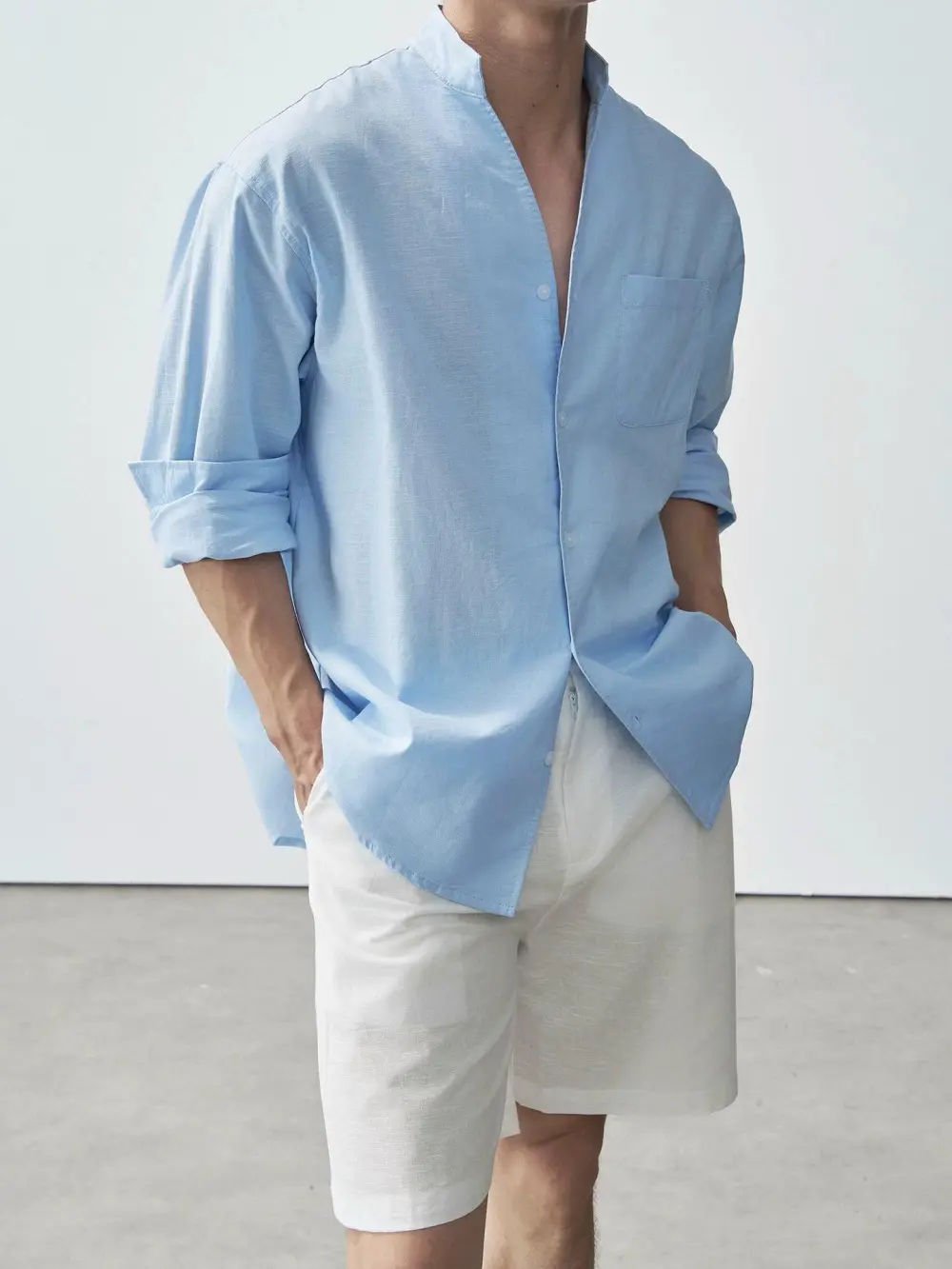 Stand Collar Linen Blend Shirt