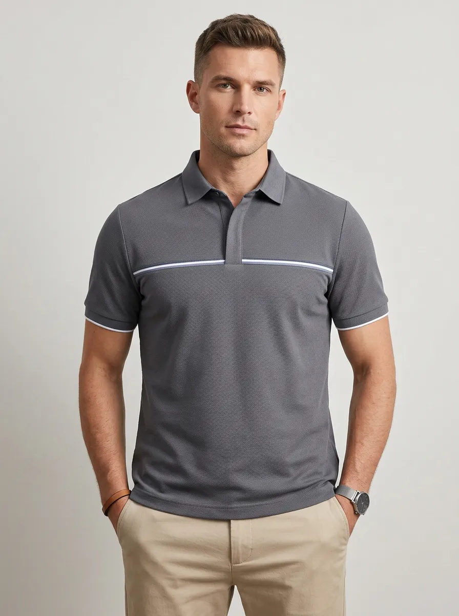 Men's Casual Grey Striped Detail Printed Polo Shirt