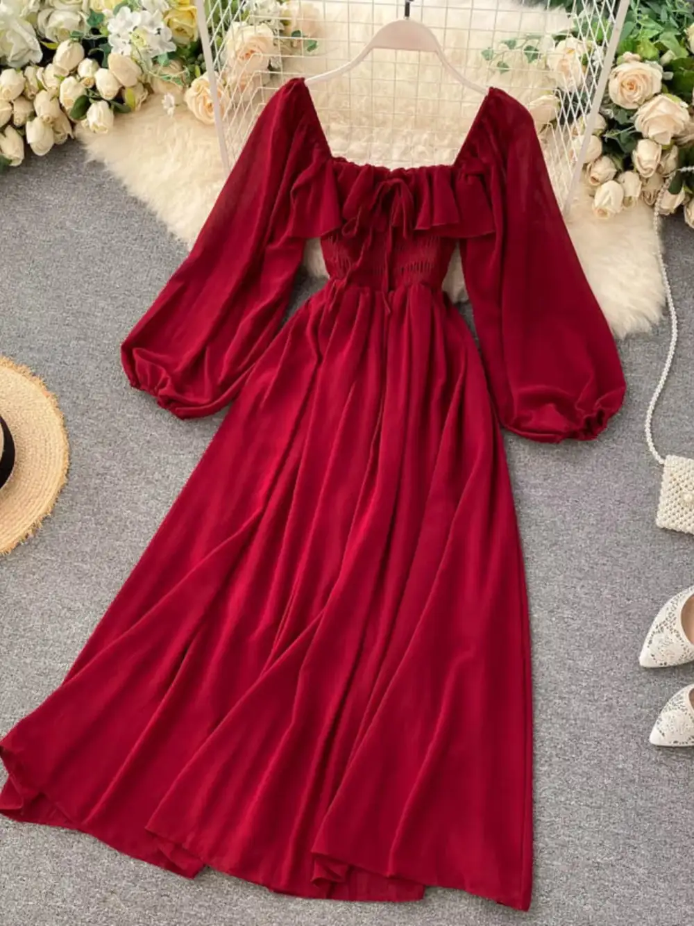 Square Neck Ruffle Dress Casual