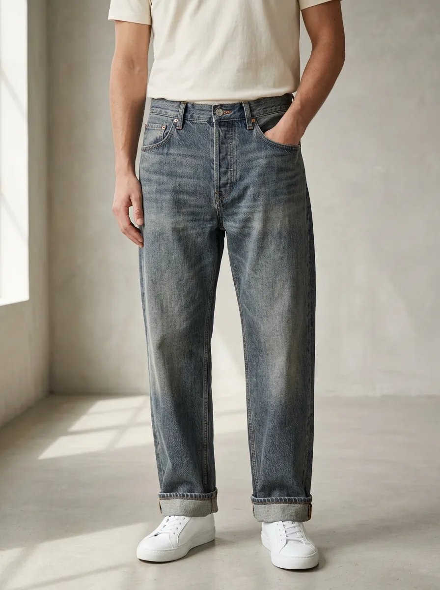 Men's Relaxed Denim Jeans with Straight Fit Relaxed Fit Detail