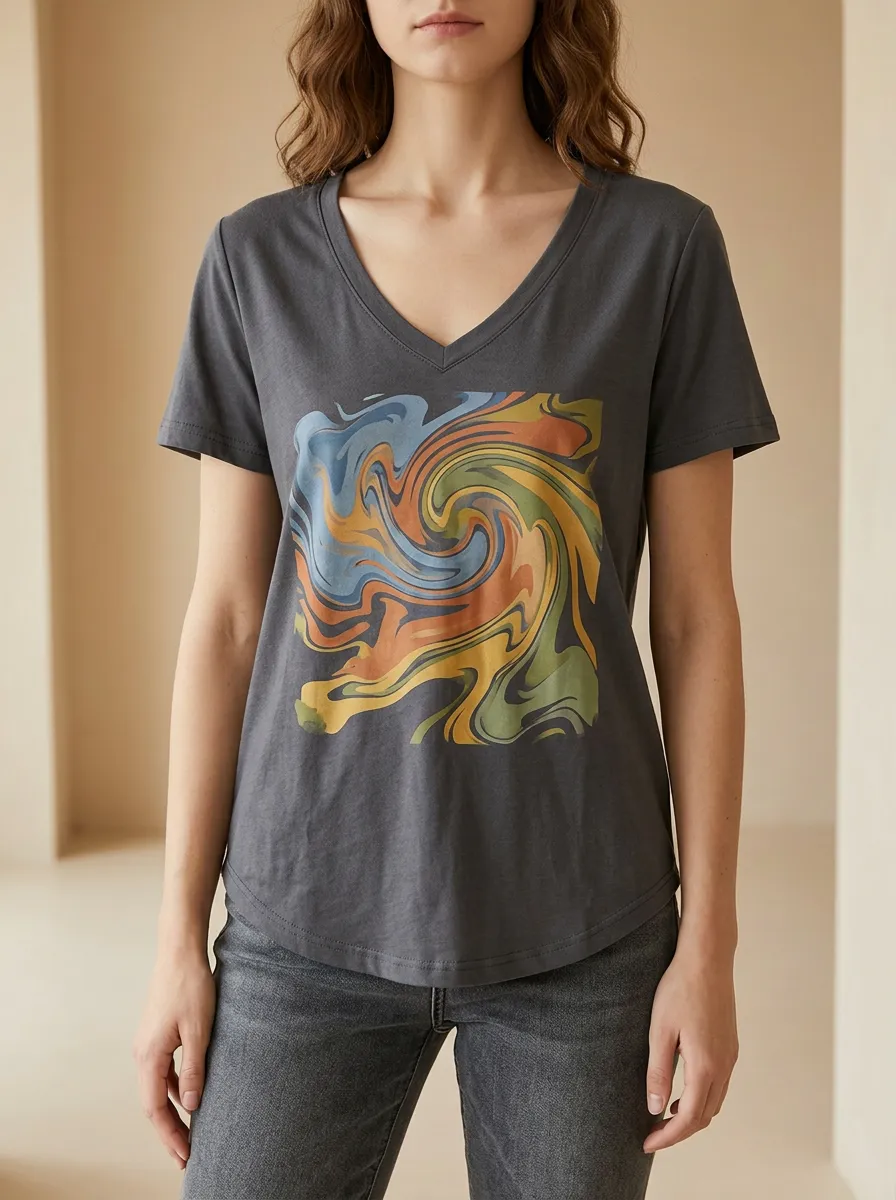 Women's Retro Abstract Swirl Printed V-Neck T-Shirt