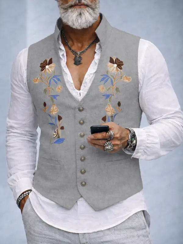 Elegant Cotton Linen Embroidered Vest Jacket