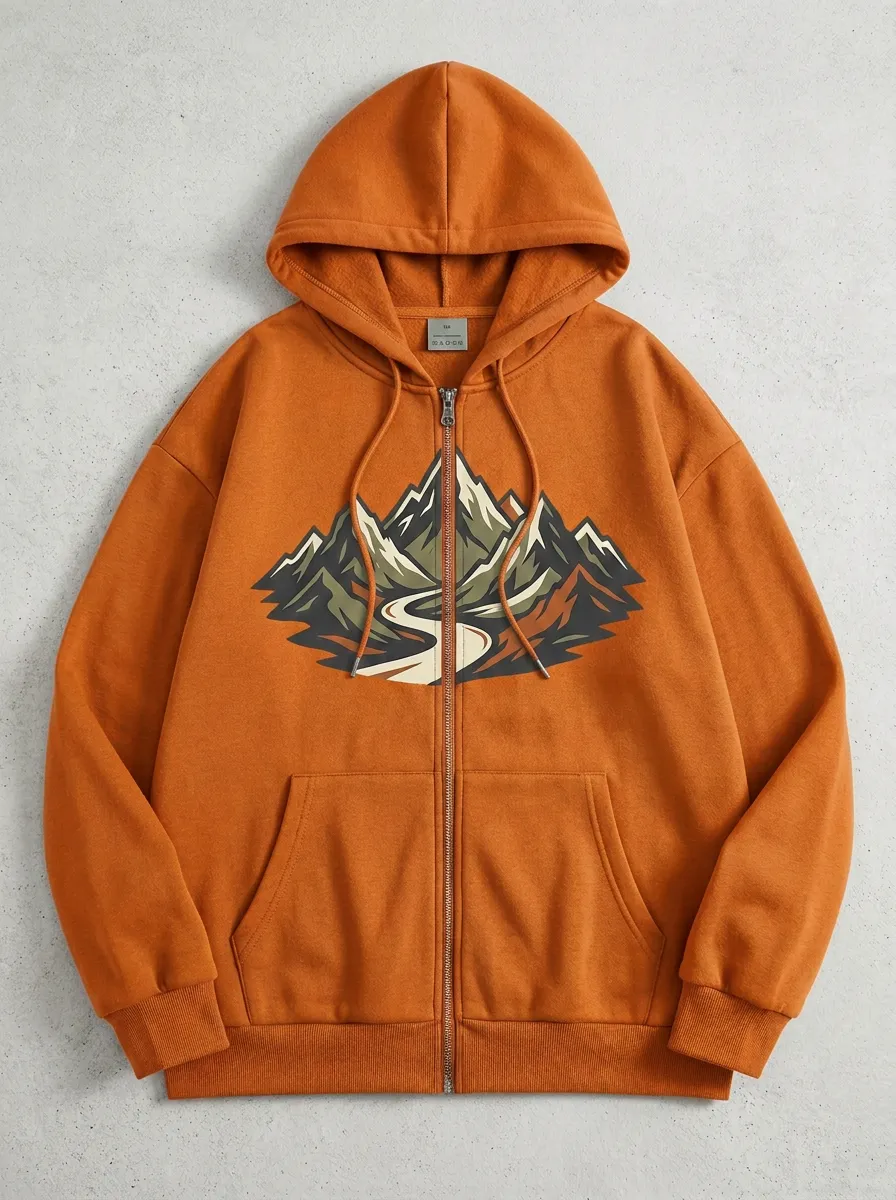 Unisex Outdoor Adventure Mountain Road Printed Zip-up Hoodie