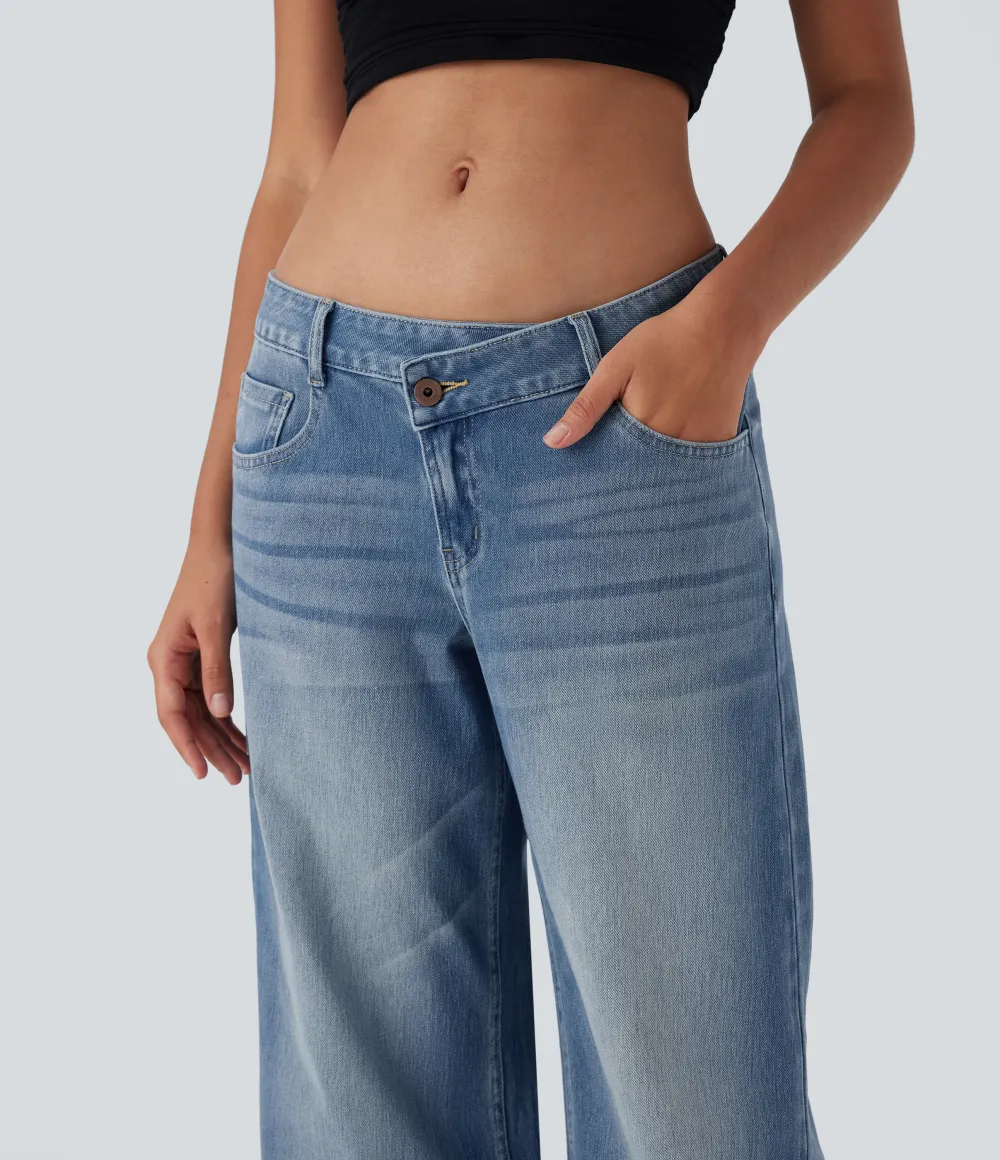 Asymmetric Low Rise Zipper Pockets Baggy Wide Leg Washed Casual Jeans