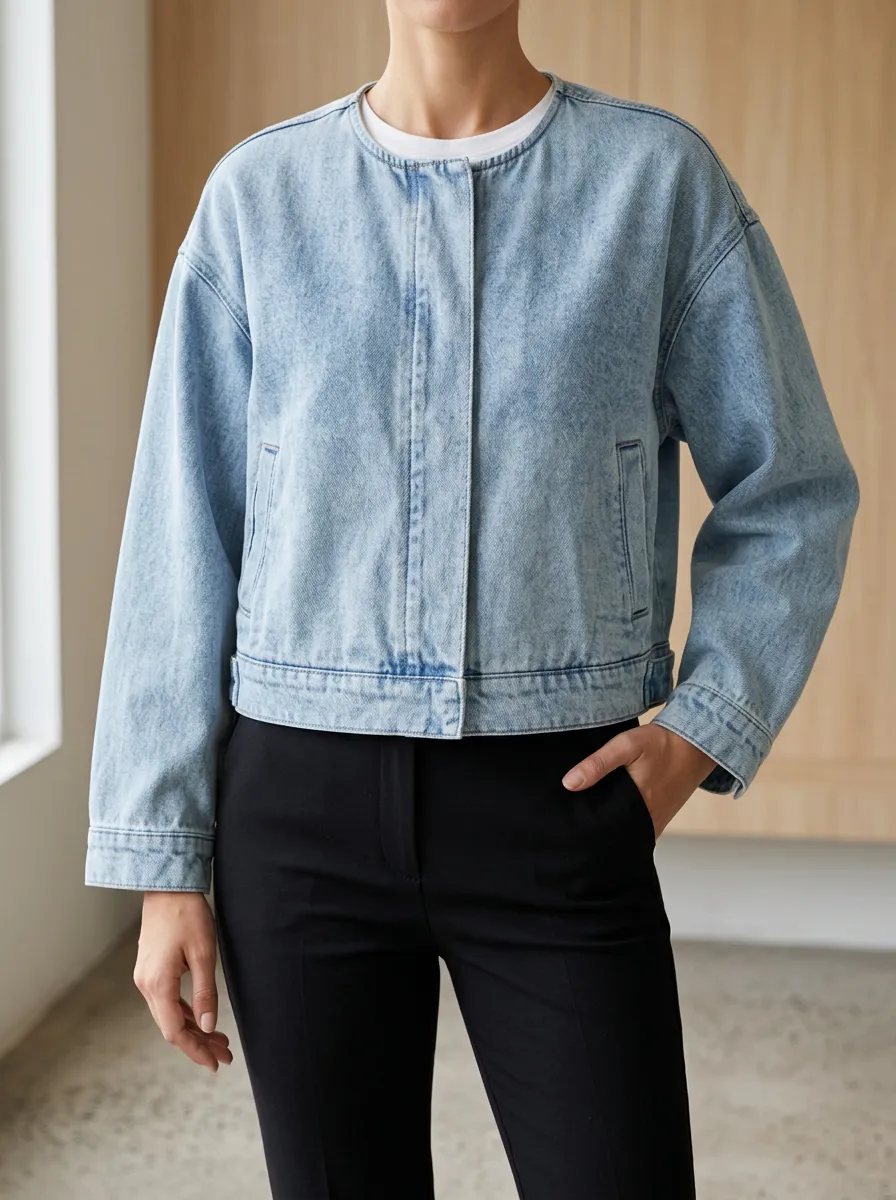 Women's Denim Jacket with Collarless Crew Neck Detail