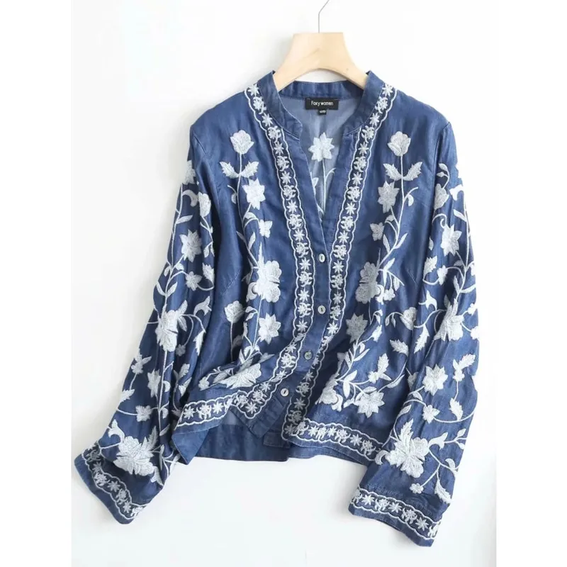 Floral Embroidered Button-Up Denim Shirt
