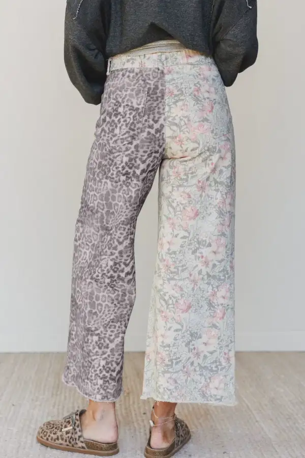 Women's Retro Floral Leopard Contrast Patchwork Raw Hem Jeans