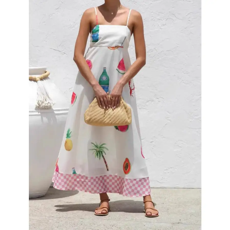 Printed Checkered Hem Cami Midi Dress