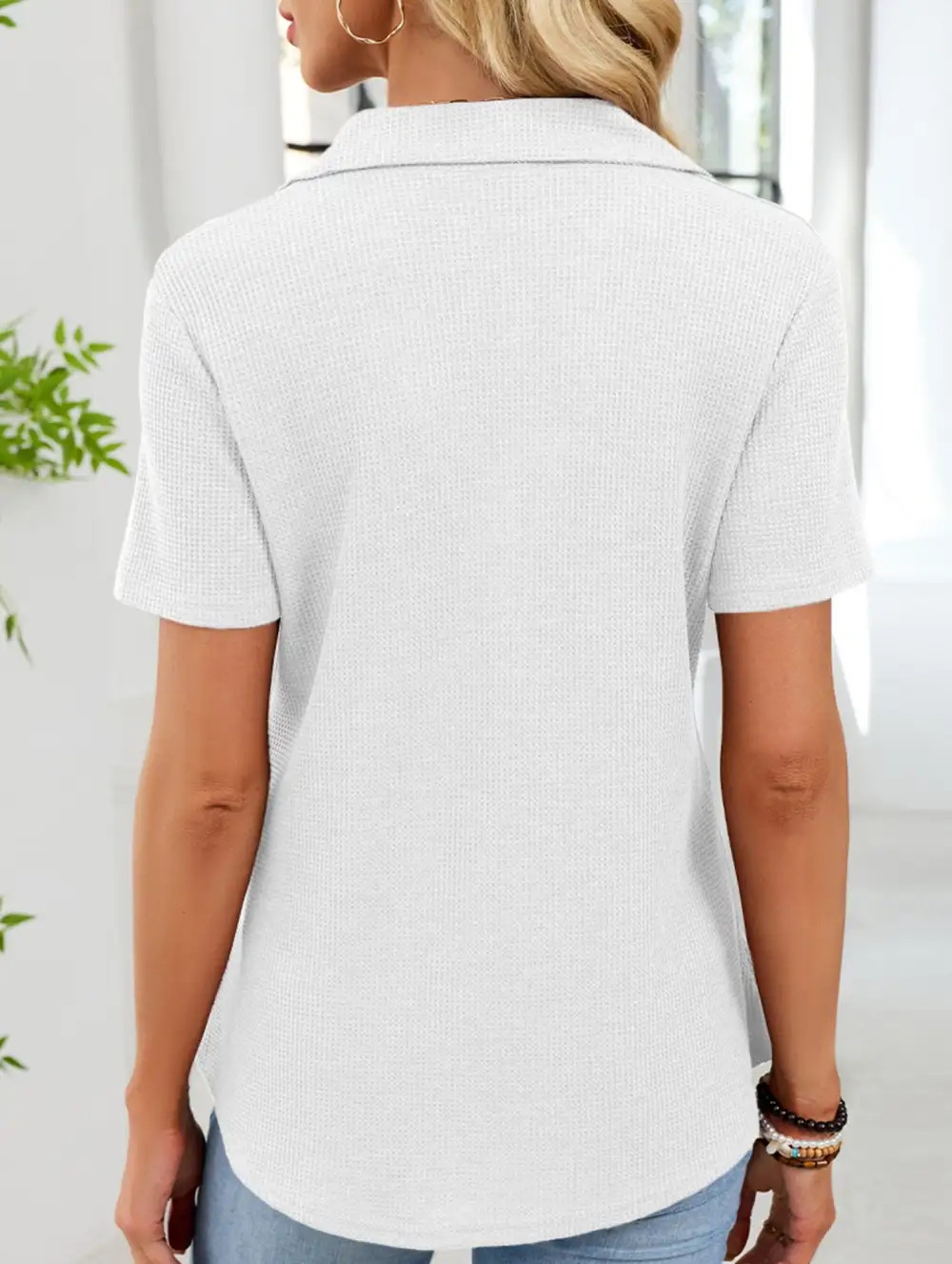 Lapel Waffle Knit Short Sleeve Top